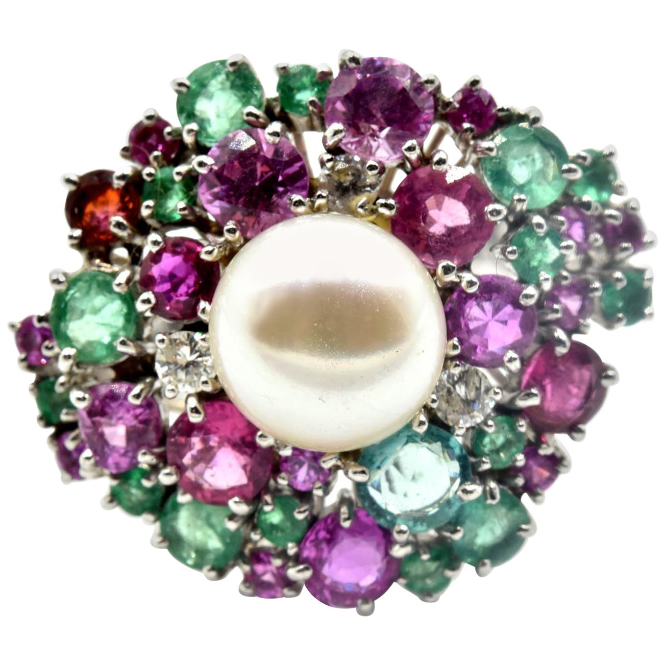 Diamond, Emerald, Pink Sapphire and Pearl Cocktail Ring 18 Karat White Gold