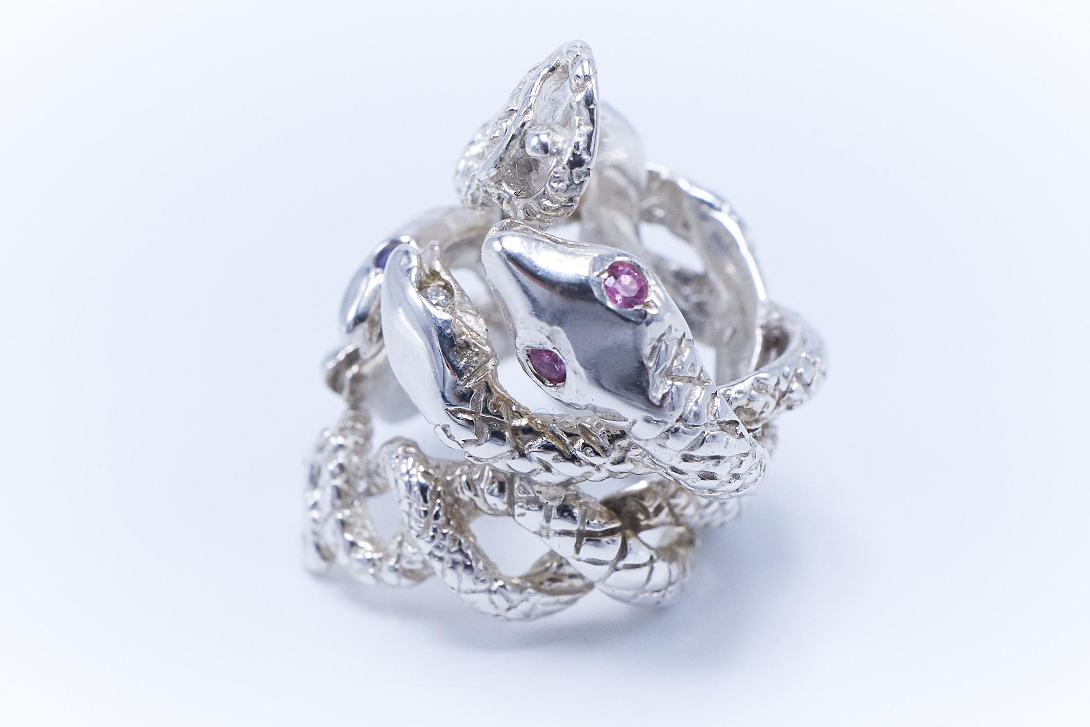 Contemporary Diamond Emerald Pink Sapphire Snake Ring Sterling Silver Cocktail Ring J Dauphin For Sale