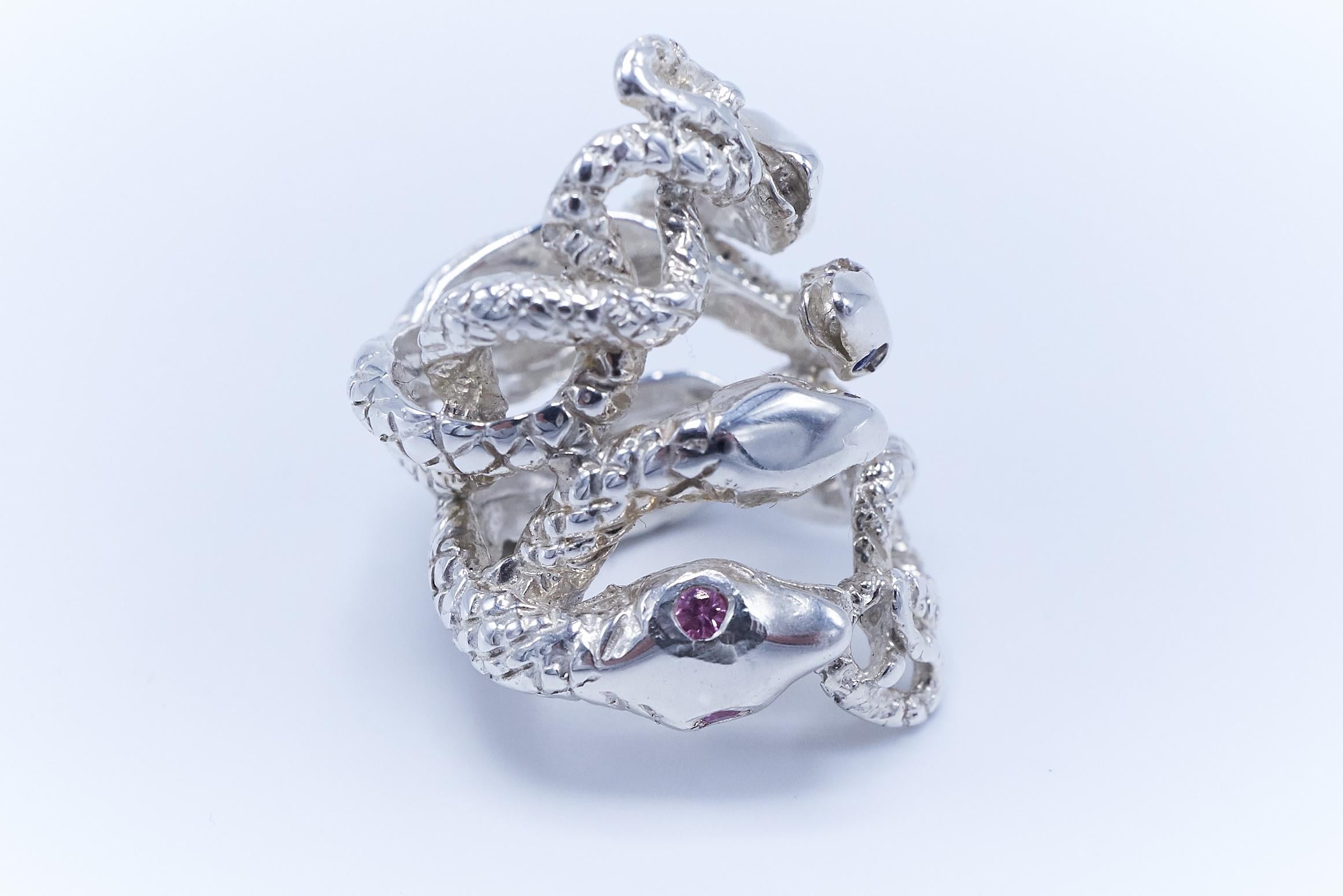 Brilliant Cut Diamond Emerald Pink Sapphire Snake Ring Sterling Silver Cocktail Ring J Dauphin For Sale