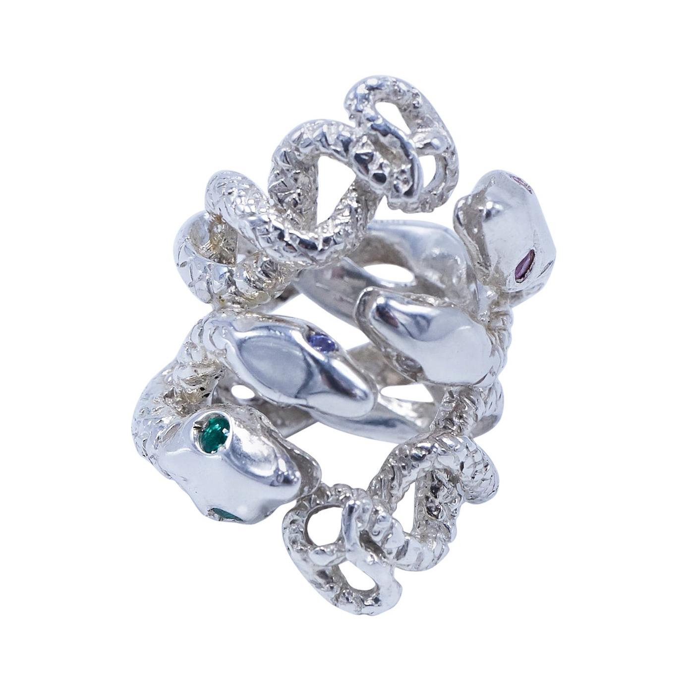 Cocktail Statement Snake Sterling Silver Ring 2 Emeralds 2 White Diamond 2 Pink Sapphires 2 Tanzanites Open ring slightly adjustable J Dauphin

J DAUPHIN 