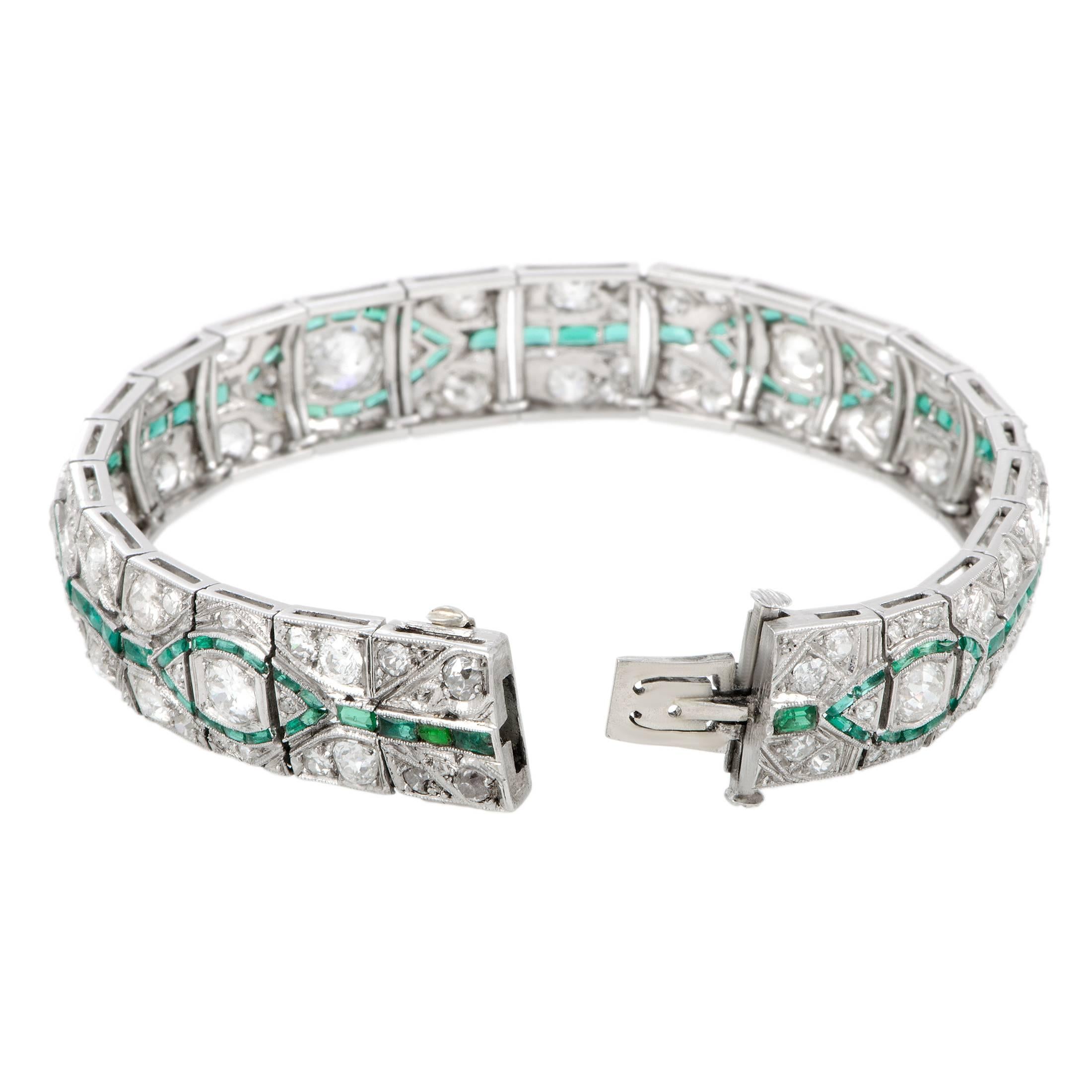 Art Deco Diamond Emerald Platinum Bracelet