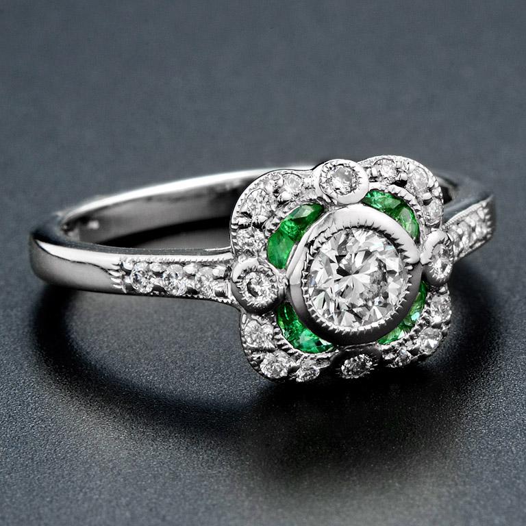 Art Deco Diamond Emerald Platinum Cocktail Ring