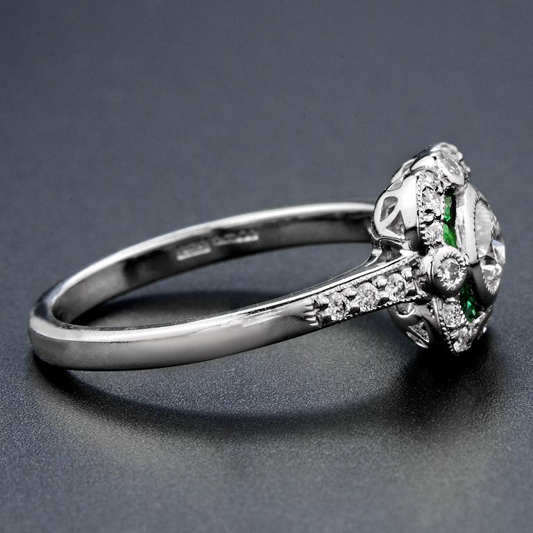 Round Cut Diamond Emerald Platinum Cocktail Ring