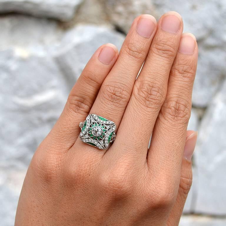 Diamond Emerald Platinum Cocktail Ring 2