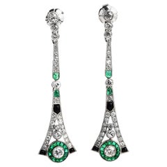 Diamond Emerald Platinum Dangle Long Earrings