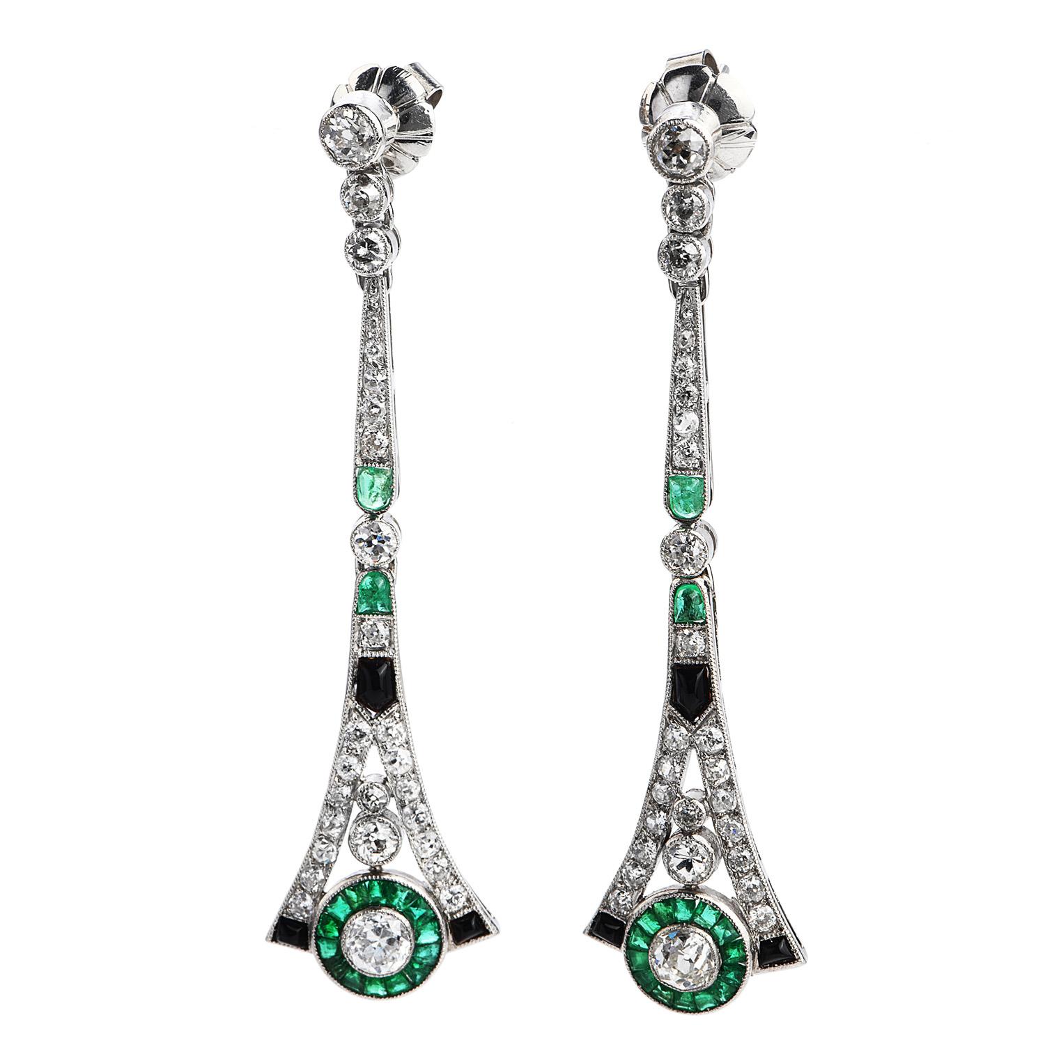 Art Deco Diamond Emerald Platinum Dangle Long Earrings