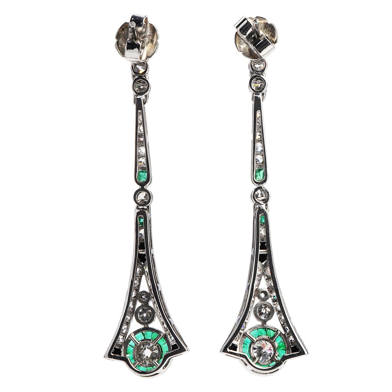 Emerald Cut Diamond Emerald Platinum Dangle Long Earrings