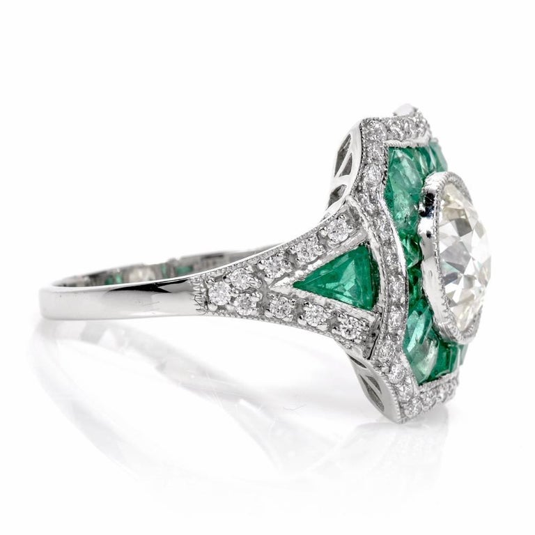 Diamond Emerald Platinum Engagement Ring For Sale at 1stDibs