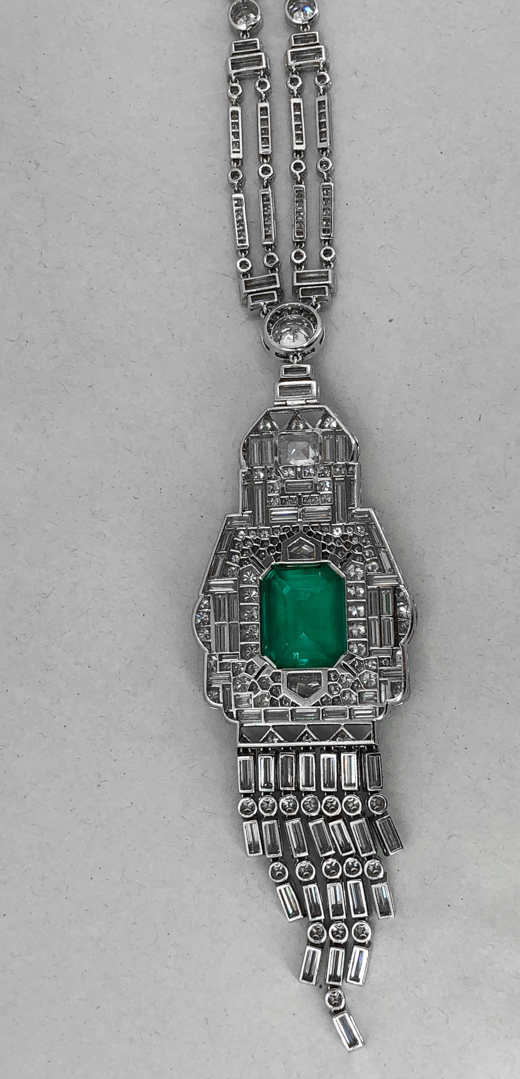Emerald Cut Important Rare Art Deco Diamond Certified Emerald Platinum Necklace For Sale