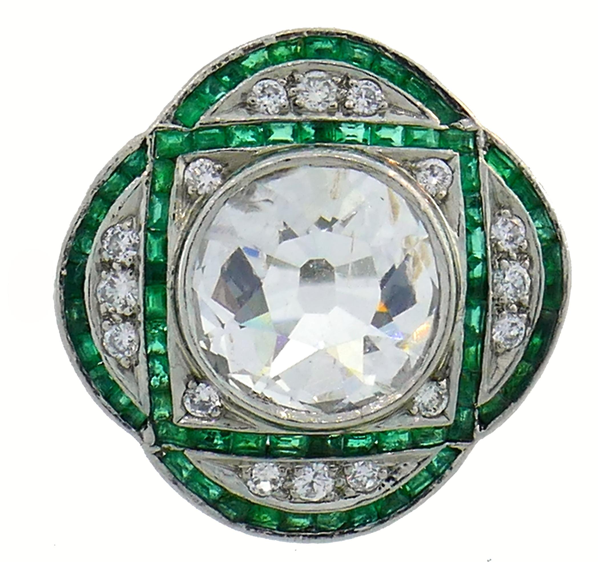 Old European Cut Diamond Emerald Platinum Ring, Art Deco Revival