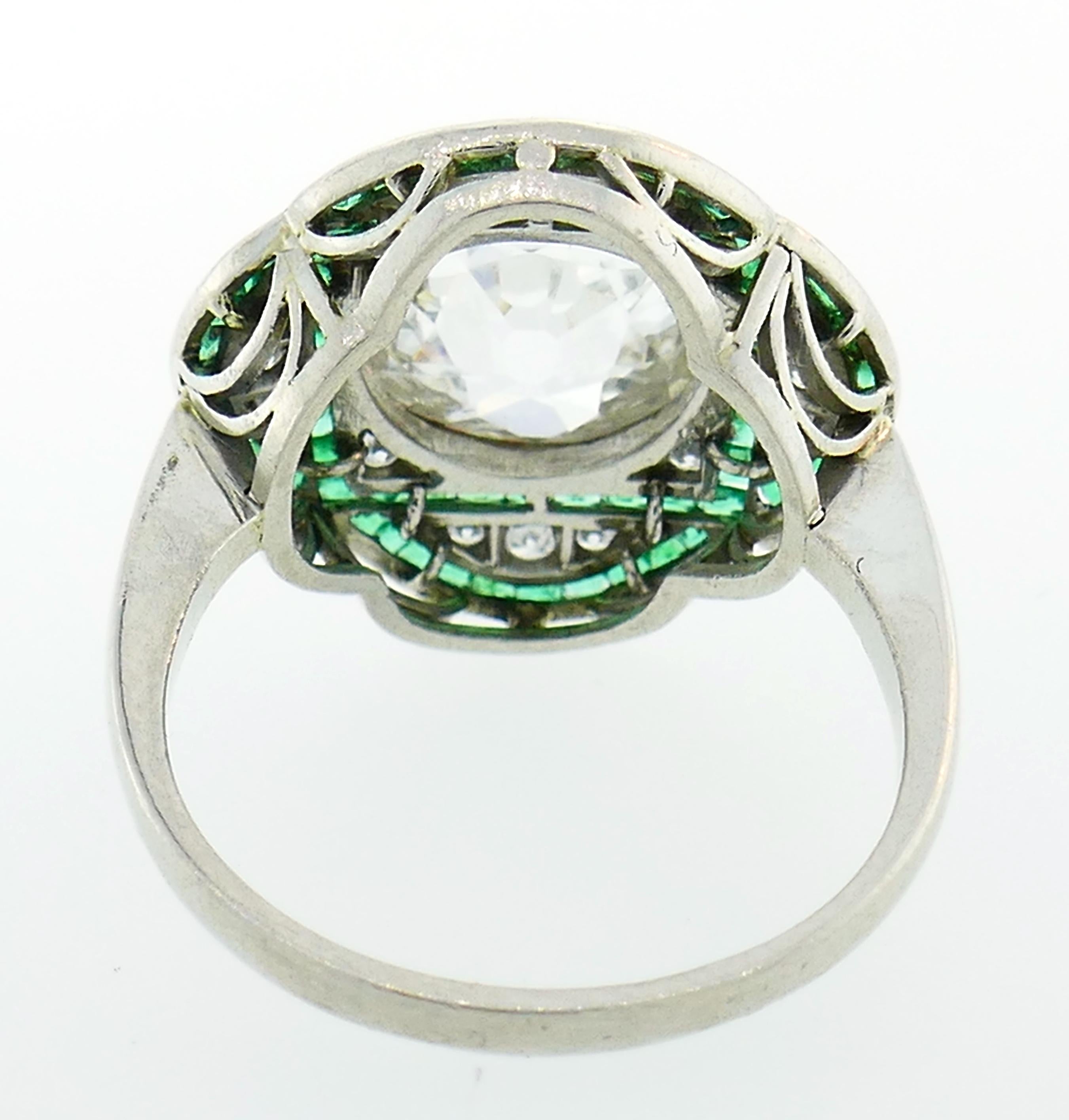 Diamond Emerald Platinum Ring, Art Deco Revival In Good Condition In Beverly Hills, CA