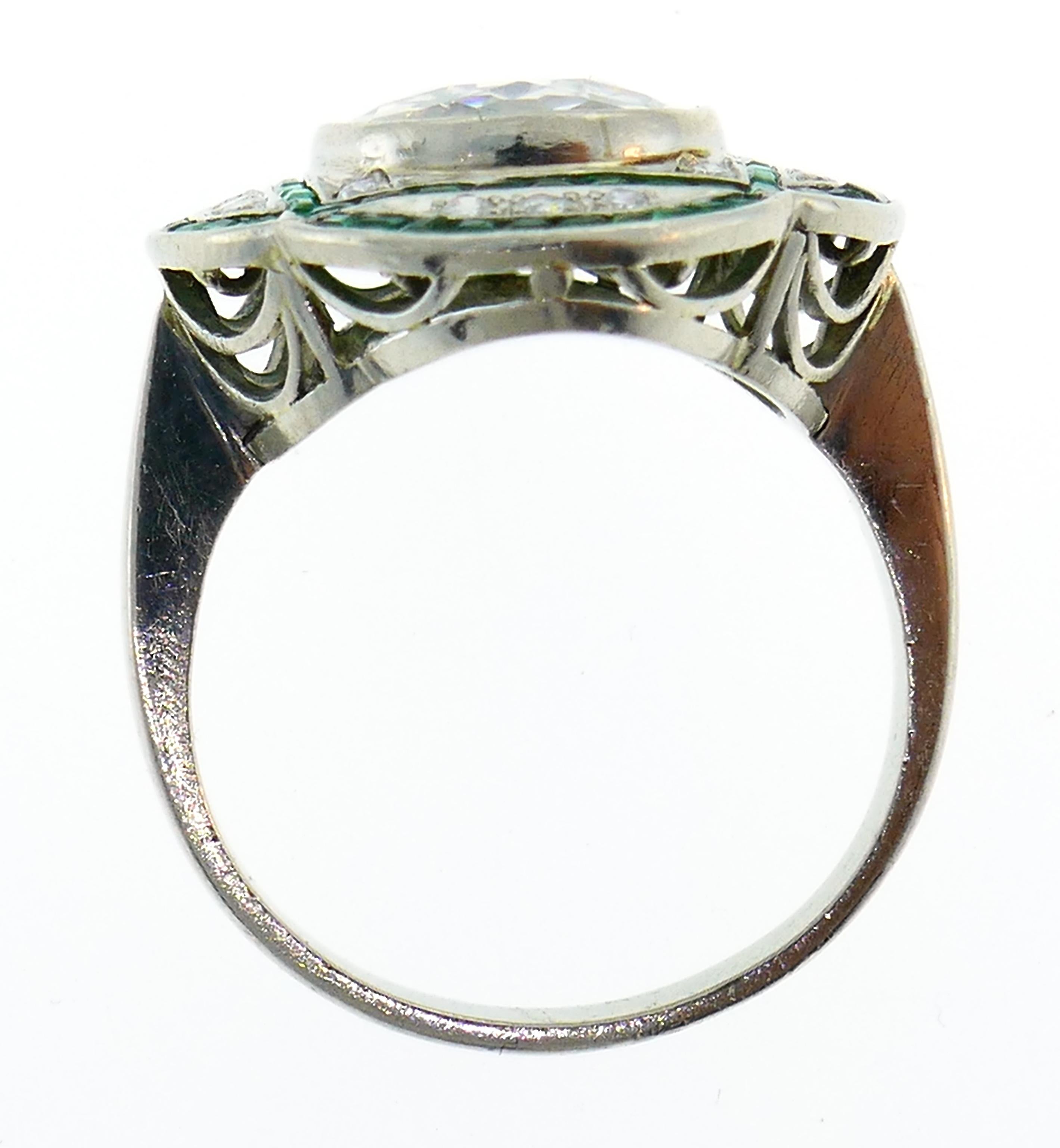 Women's Diamond Emerald Platinum Ring, Art Deco Revival