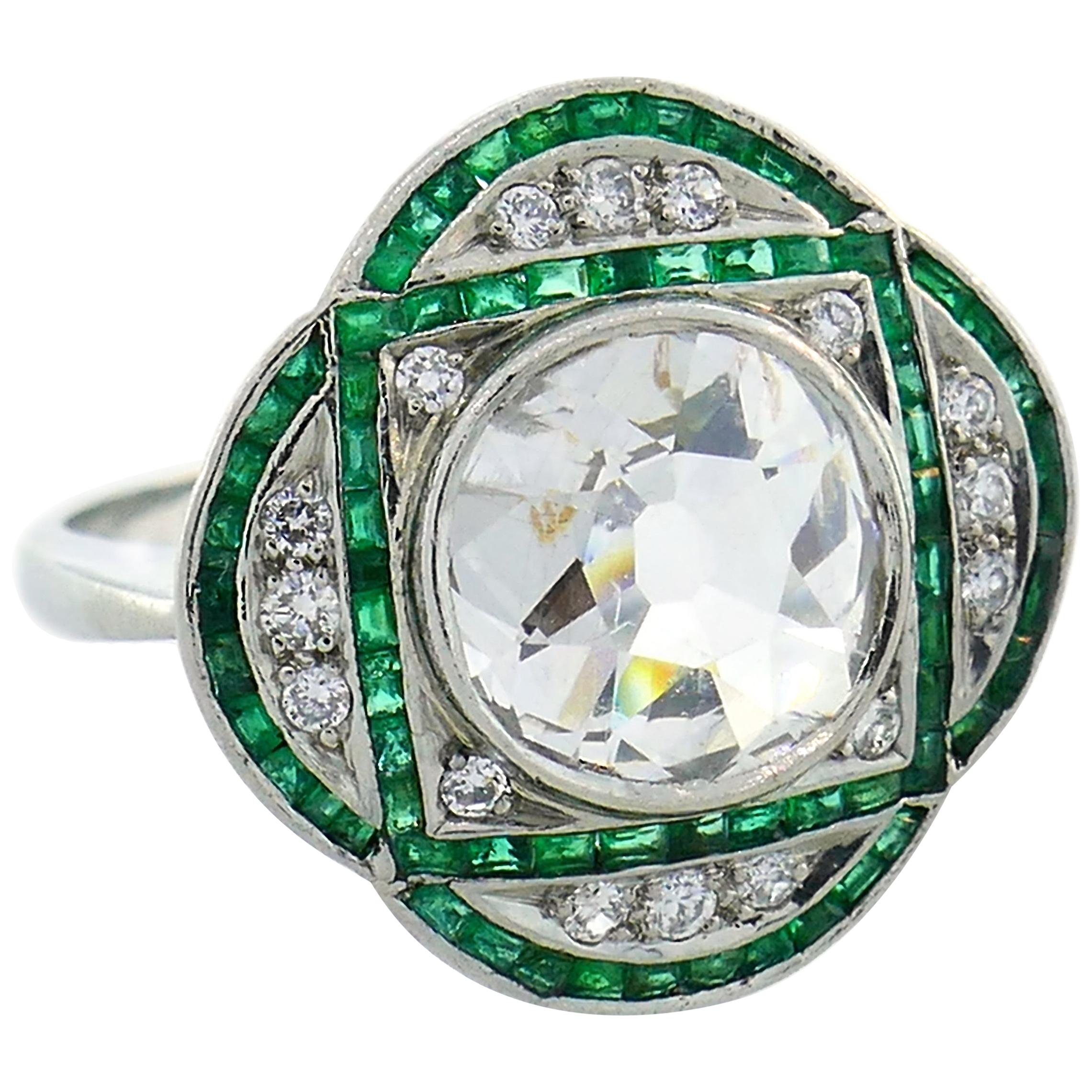 Diamond Emerald Platinum Ring, Art Deco Revival