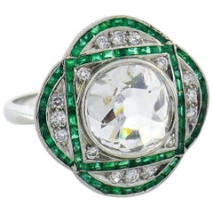 Diamond Emerald Platinum Ring, Art Deco Revival
