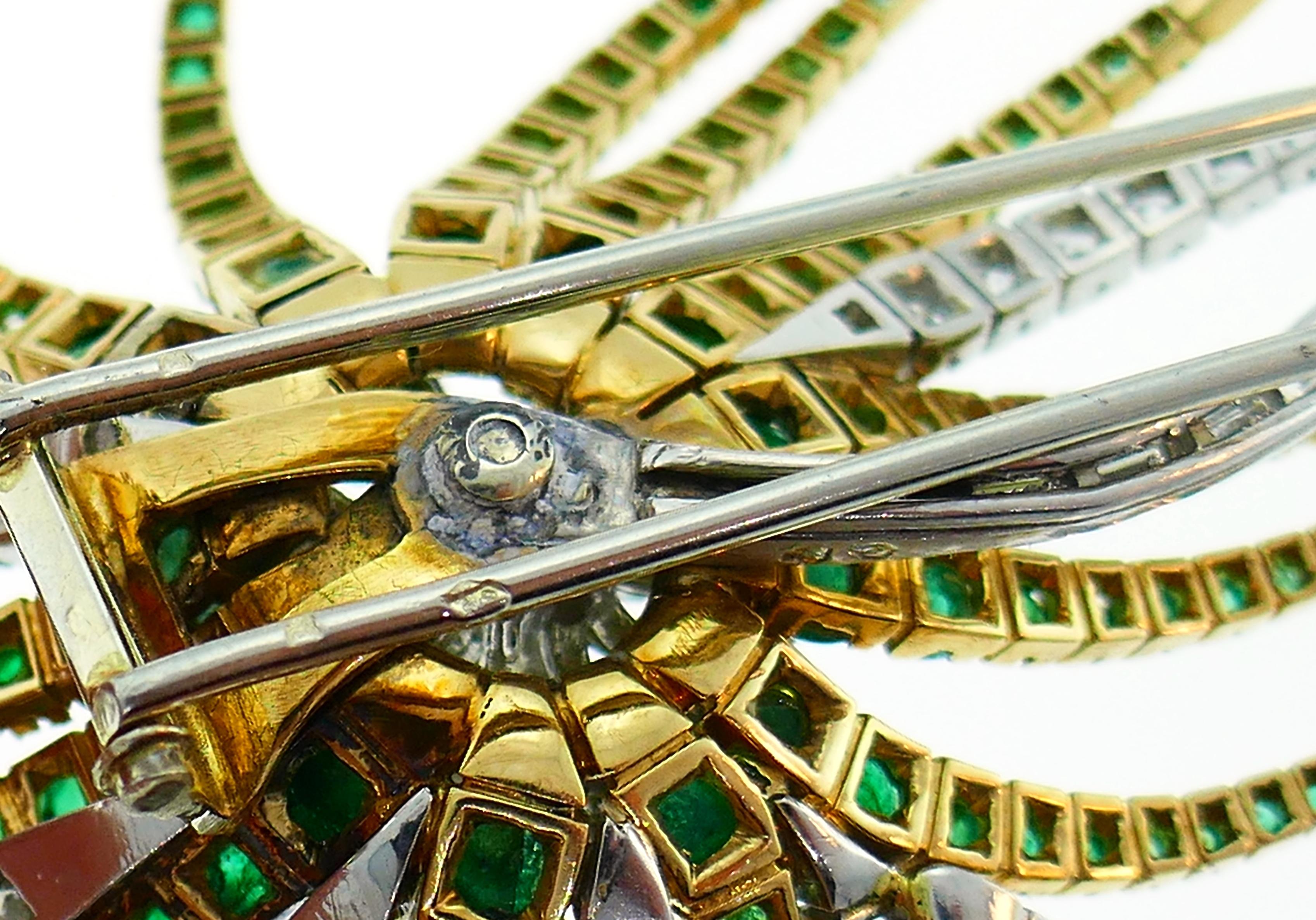 Women's or Men's Diamond Emerald Platinum Yellow Gold Brooch Pin Clip, French, 1960s