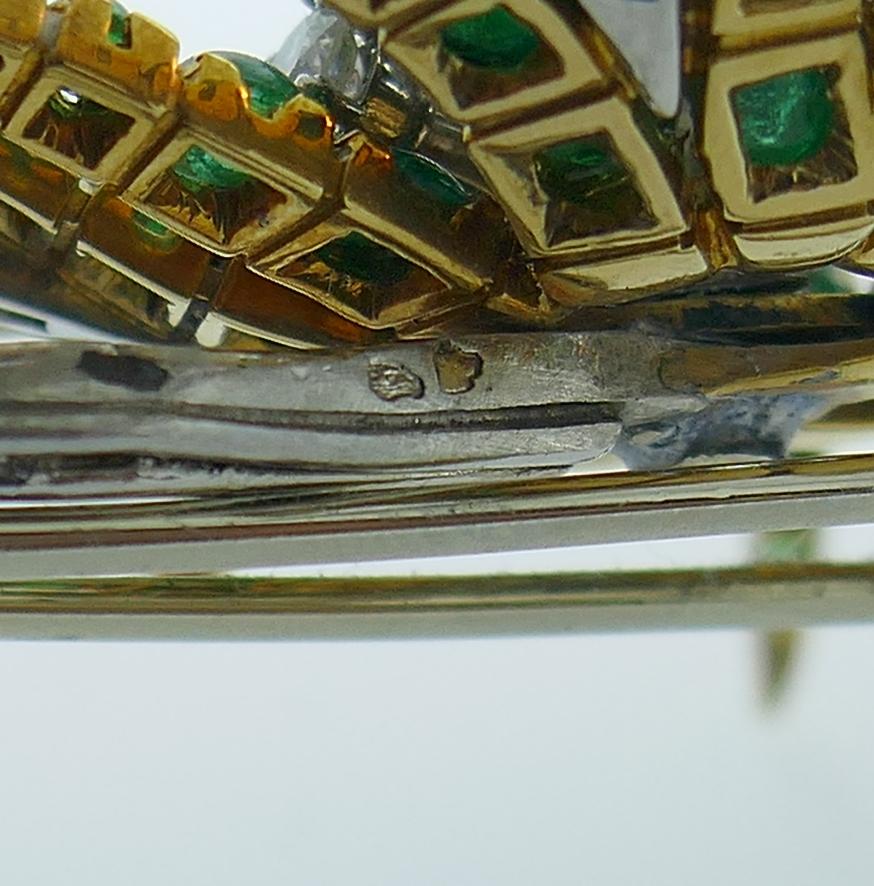 Diamond Emerald Platinum Yellow Gold Brooch Pin Clip, French, 1960s 2