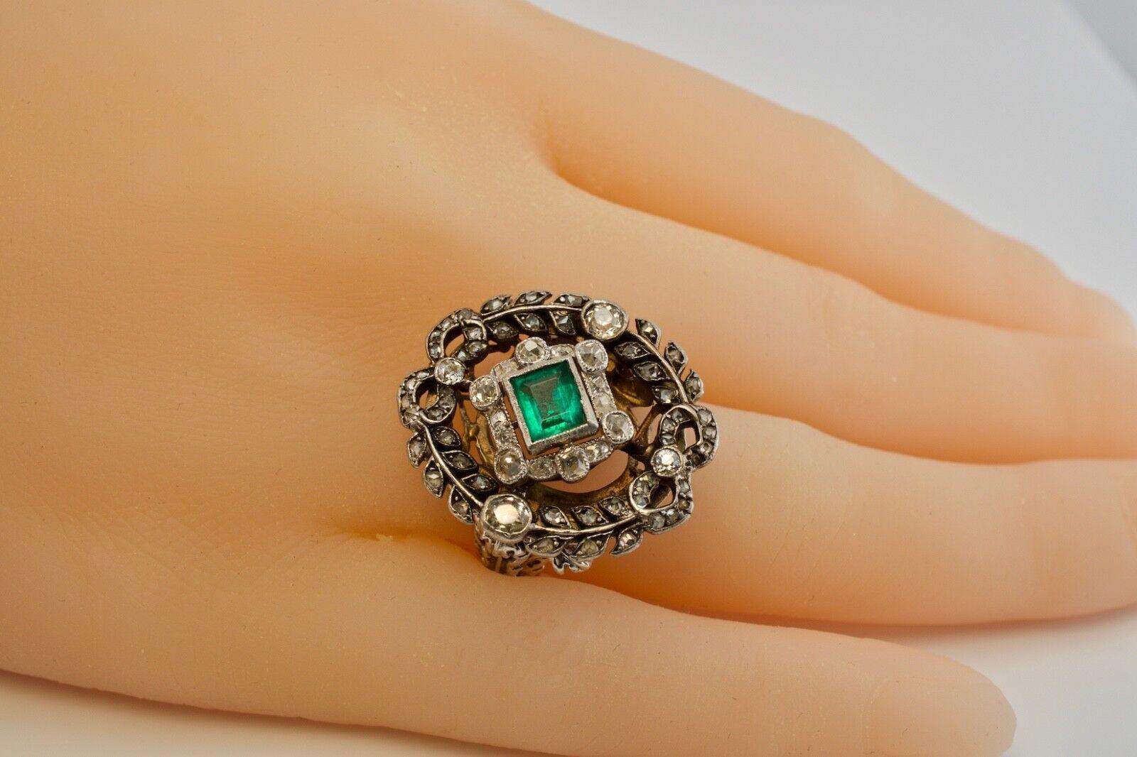 Diamond Emerald Ring 14K White Gold Antique Cocktail Victorian For Sale 4