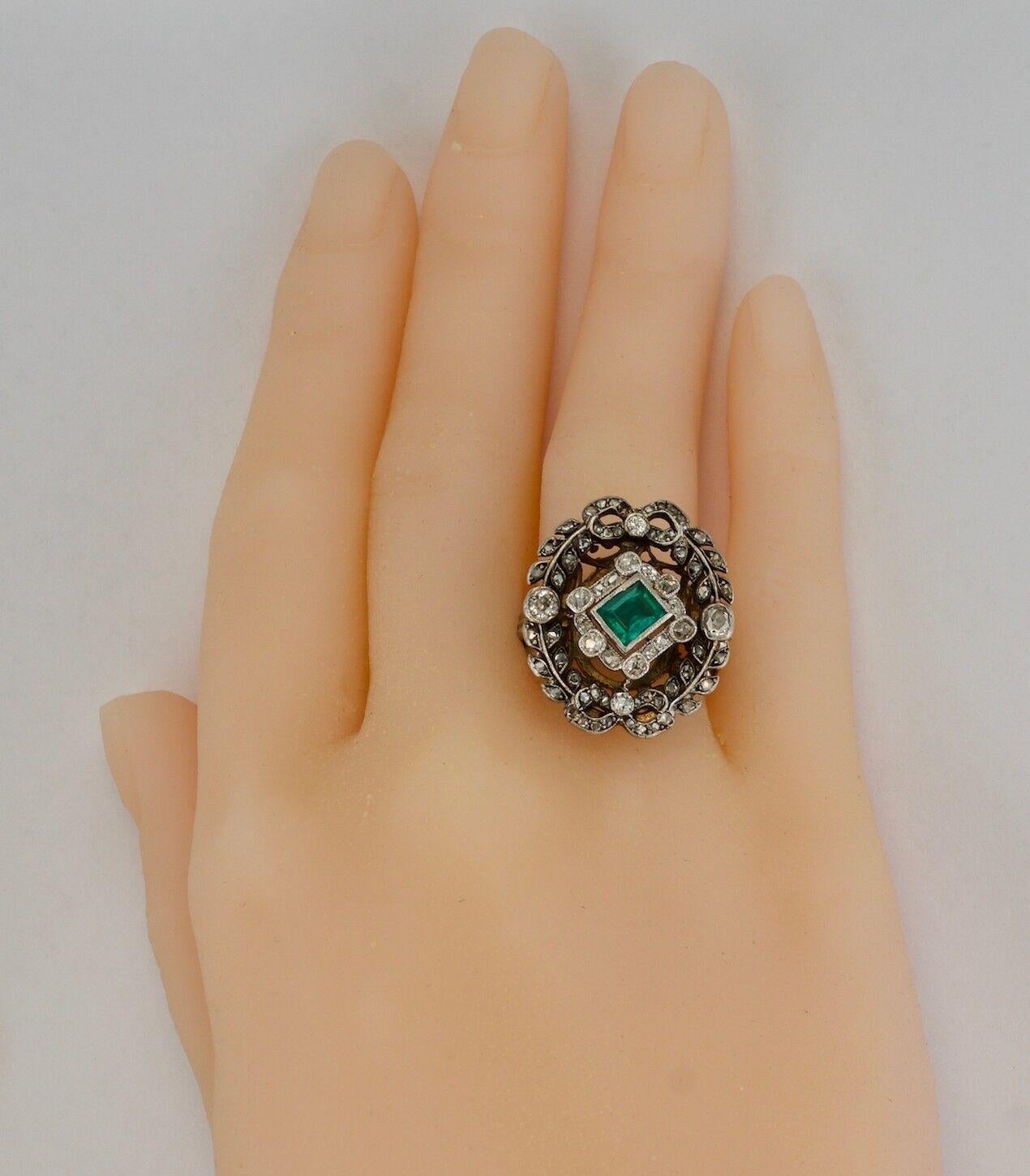 Diamond Emerald Ring 14K White Gold Antique Cocktail Victorian In Good Condition For Sale In East Brunswick, NJ