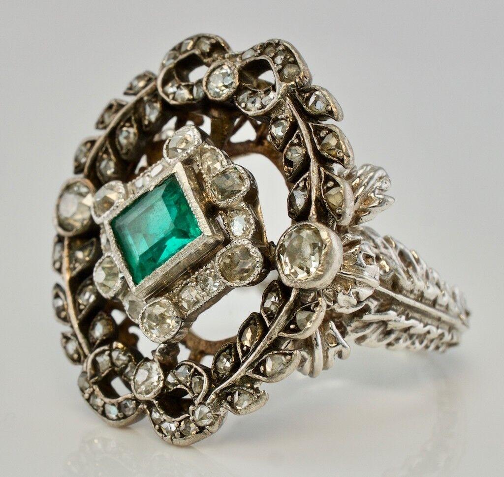 Women's Diamond Emerald Ring 14K White Gold Antique Cocktail Victorian For Sale
