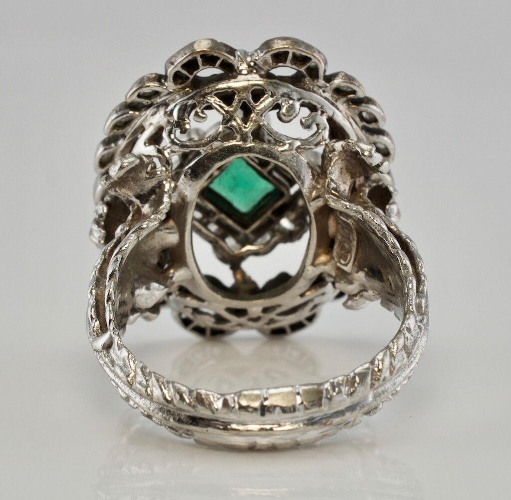 Diamond Emerald Ring 14K White Gold Antique Cocktail Victorian For Sale 1