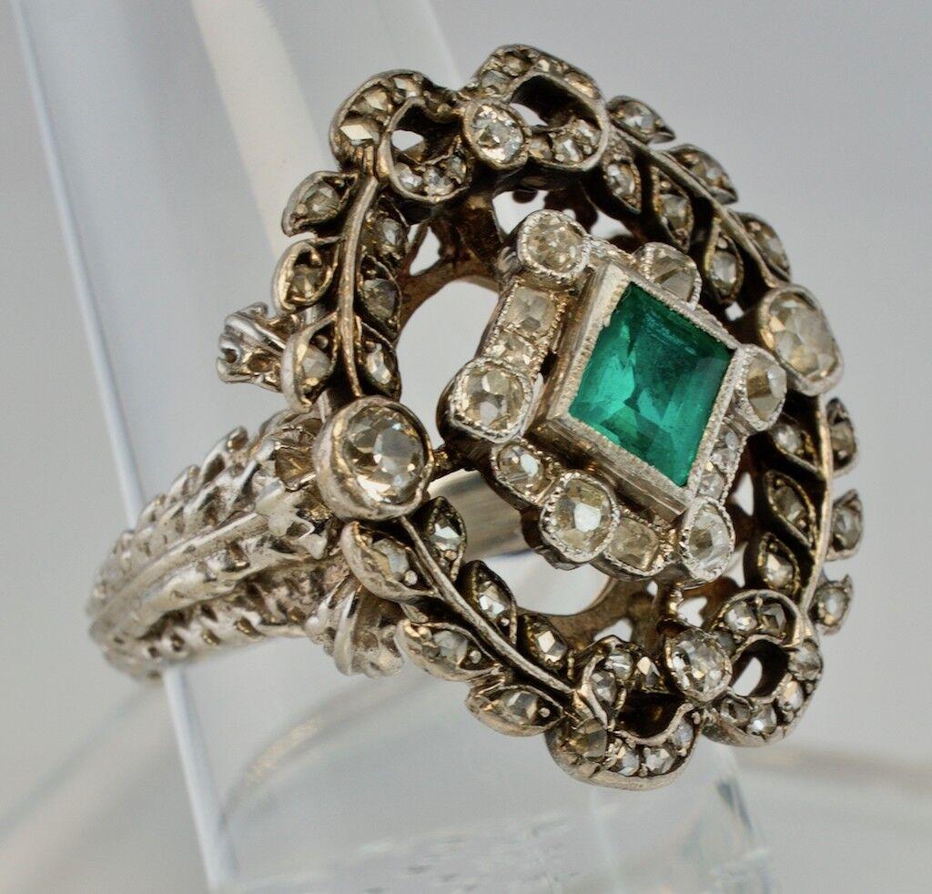 Diamond Emerald Ring 14K White Gold Antique Cocktail Victorian For Sale 3