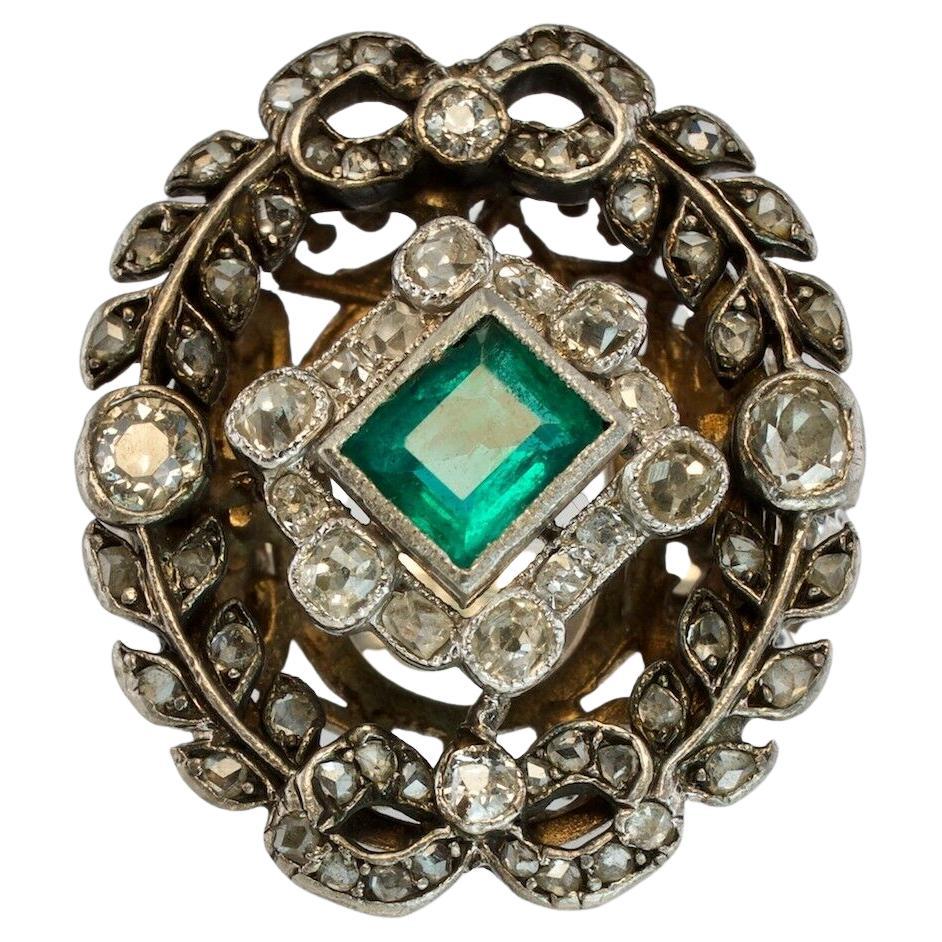 Diamond Emerald Ring 14K White Gold Antique Cocktail Victorian For Sale