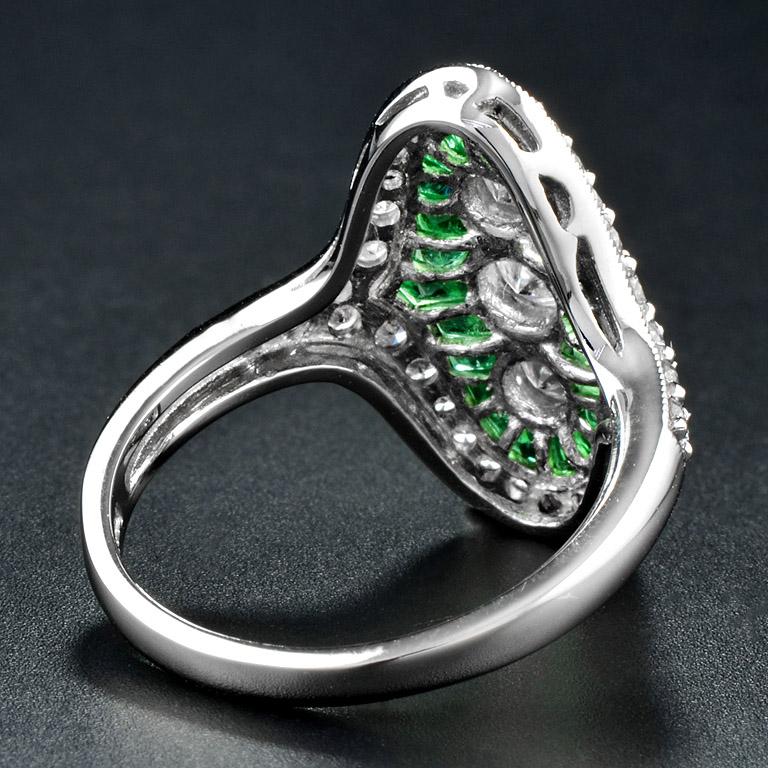 Diamond and French Cut Emerald Three Stone Ring in Platinum950 For Sale 1