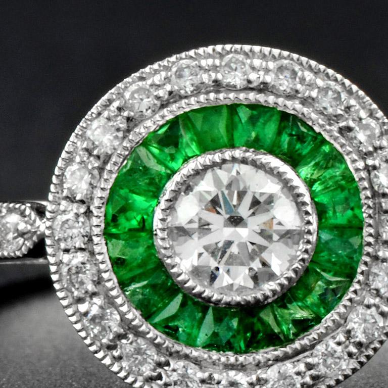 French Cut Art Deco Style Diamond with Emerald Double Halo Engagement Ring in Platinum950