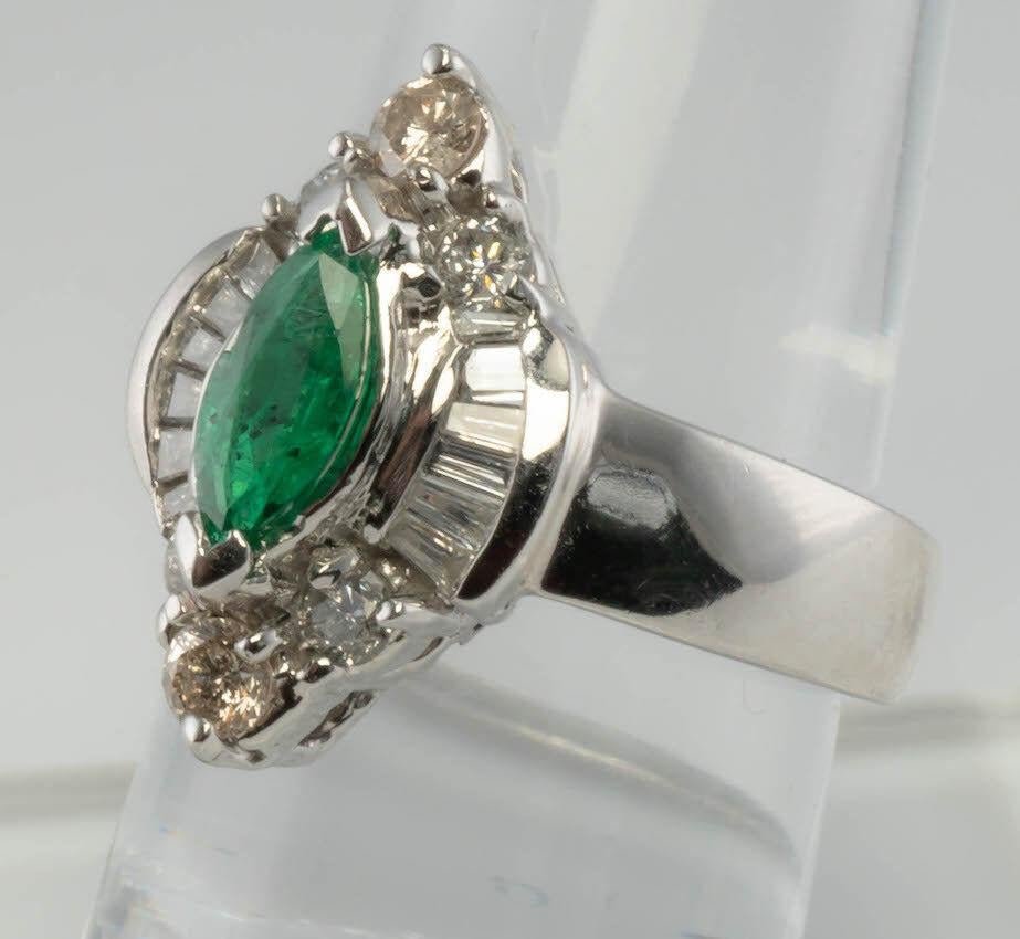 Diamond Emerald Ring Marquise 14K White Gold Band For Sale 2