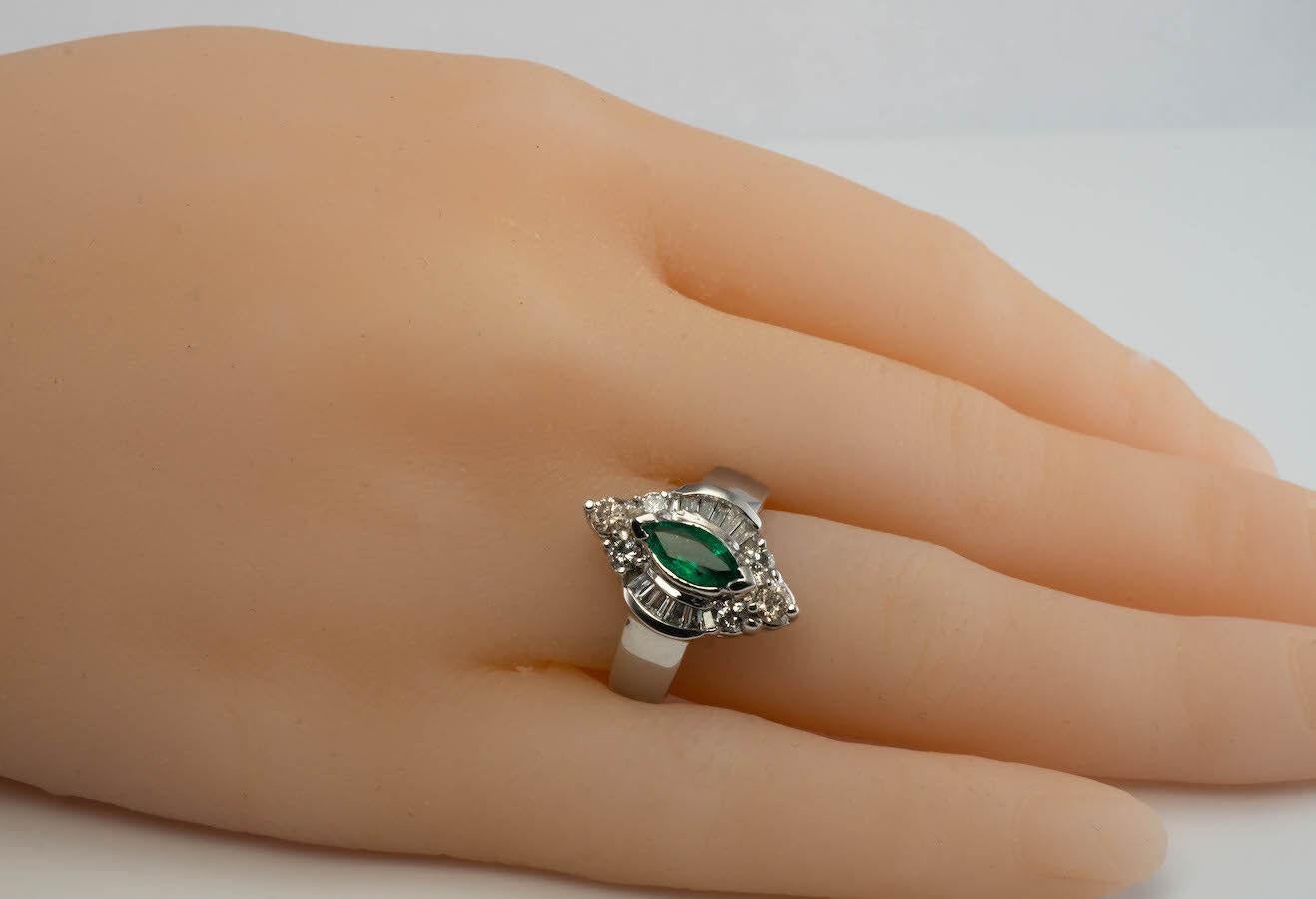 Diamond Emerald Ring Marquise 14K White Gold Band For Sale 3