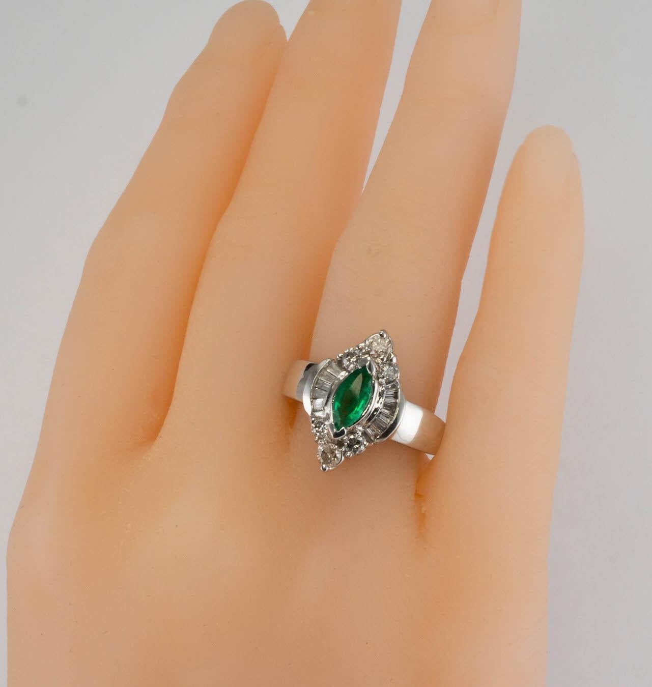 Contemporary Diamond Emerald Ring Marquise 14K White Gold Band For Sale