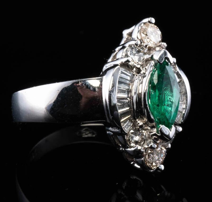 Diamond Emerald Ring Marquise 14K White Gold Band In Good Condition For Sale In East Brunswick, NJ