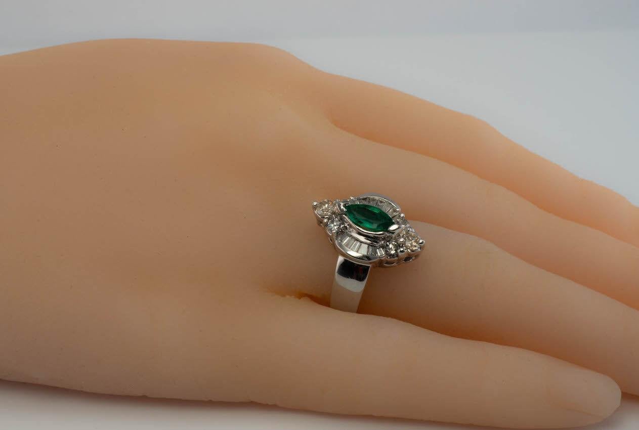 Diamond Emerald Ring Marquise 14K White Gold Band For Sale 1