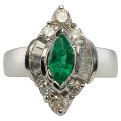 Retro Diamond Emerald Ring Marquise 14K White Gold Band