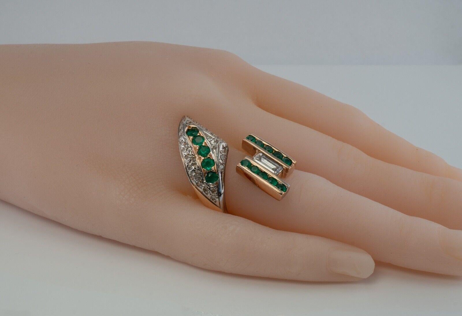 This one of a kind vintage ring is crafted in solid 14K Rose gold and set with genuine Earth-mined Emeralds and diamonds. The snake's head holds five 3mm each emeralds (.60 carat) and 27 diamonds (.20 carat). The top part holds amazing diamond
