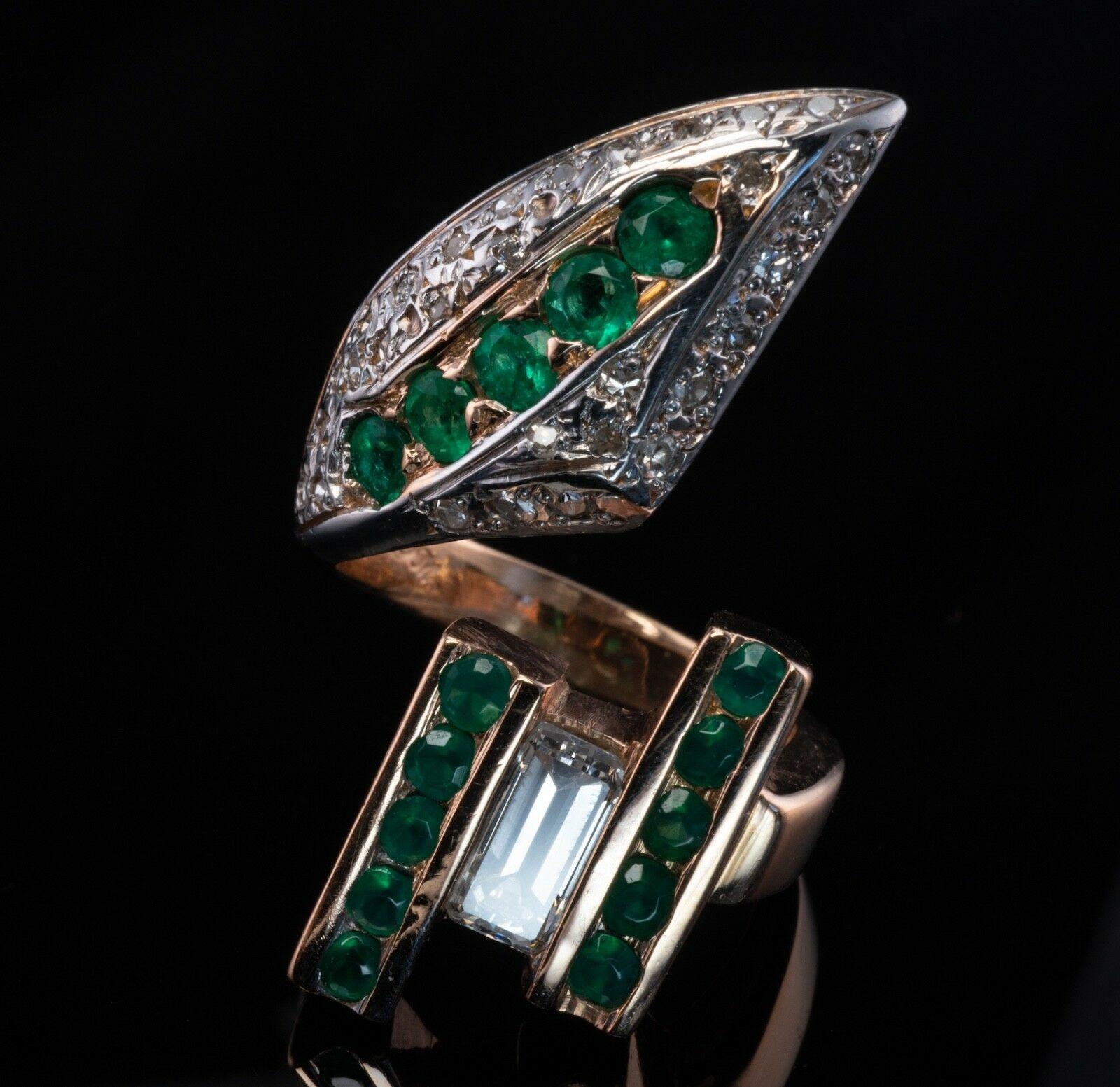 Emerald Cut Diamond Emerald Ring Vintage 14K Pink Gold Green Chalcedony Snake For Sale
