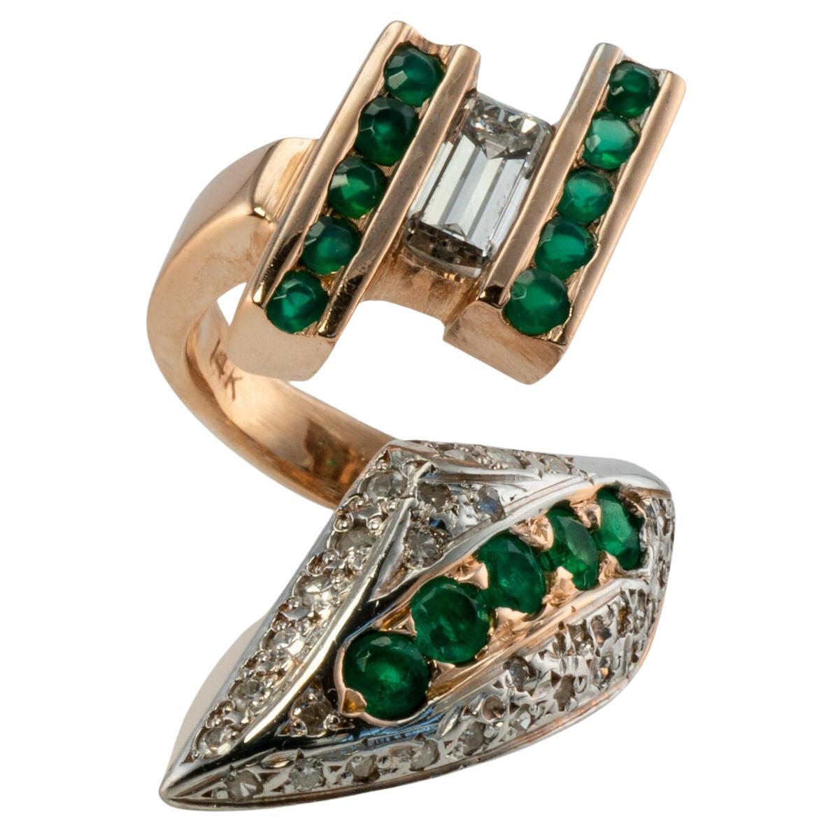 Diamond Emerald Ring Vintage 14K Pink Gold Green Chalcedony Snake