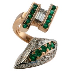 Diamond Emerald Ring Vintage 14K Pink Gold Green Chalcedony Snake