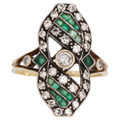 Diamond Emerald Ring Vintage 18k Yellow Gold Cocktail Jewelry Sz 5 Deco Style Diamond Emerald Ring Vintage 18k Yellow Gold Cocktail Jewelry Sz 5 Deco Style