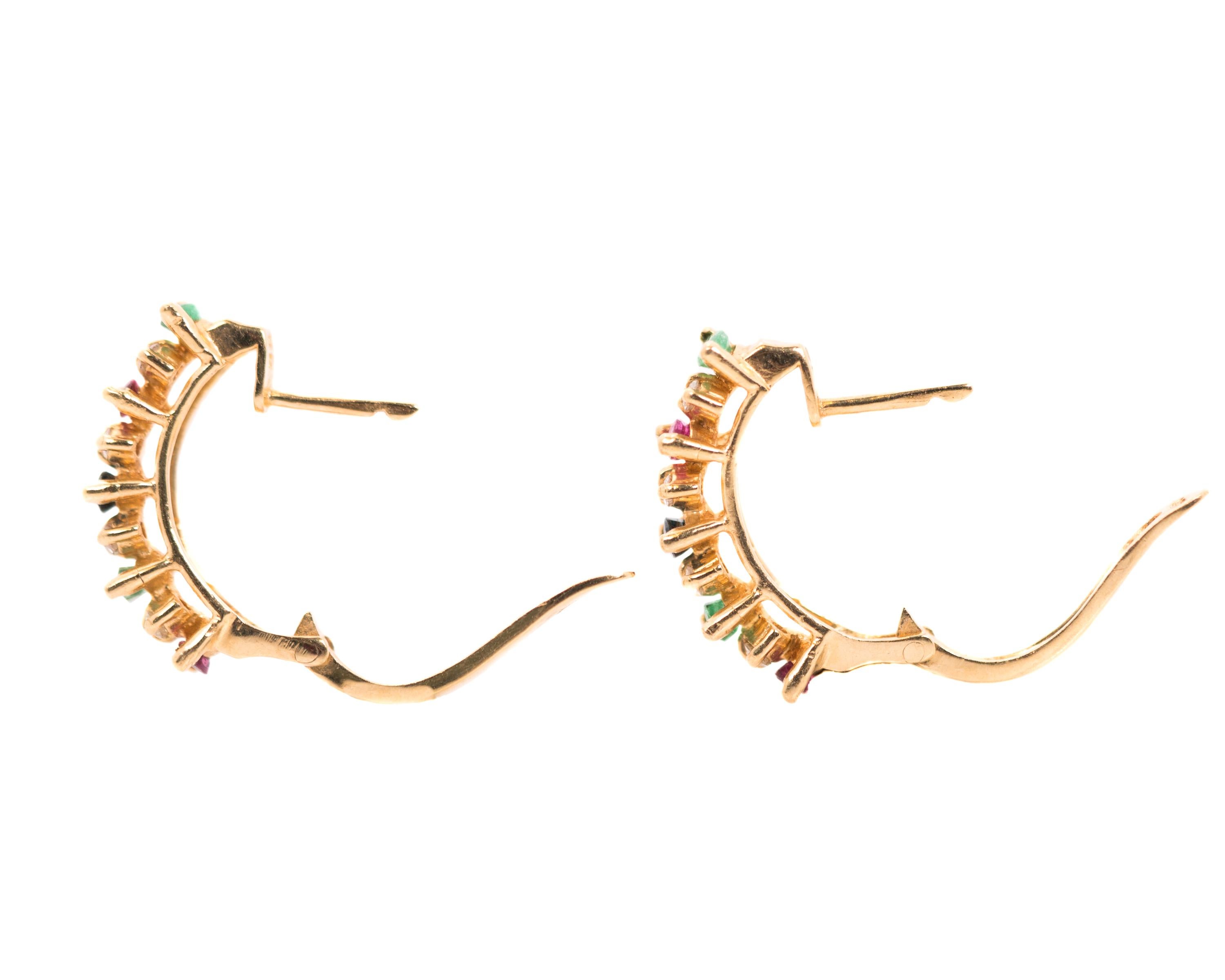 Contemporary Diamond, Emerald, Ruby and Sapphire 14 Karat Yellow Gold Hoop Earrings, 1970s For Sale