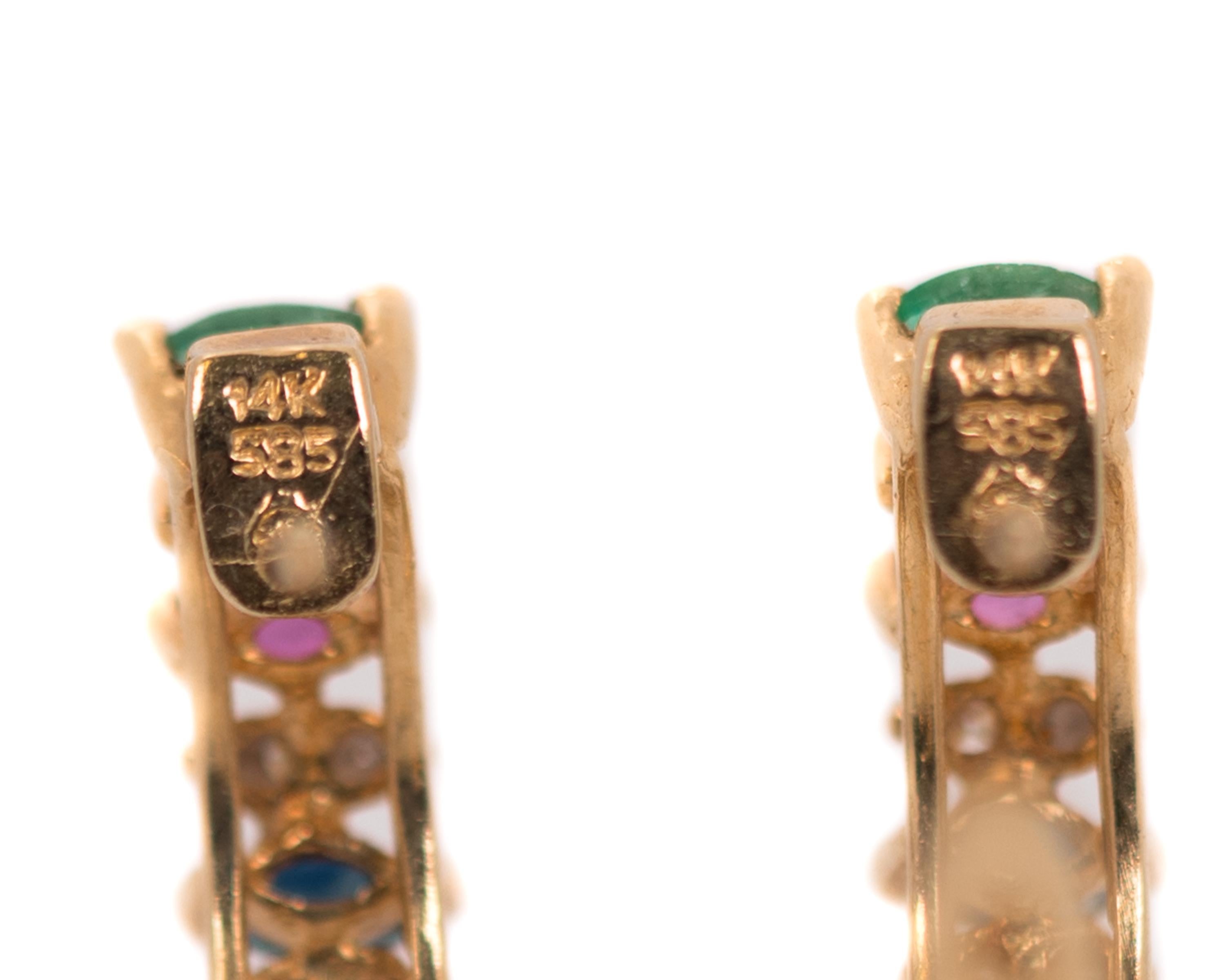 Round Cut Diamond, Emerald, Ruby and Sapphire 14 Karat Yellow Gold Hoop Earrings, 1970s For Sale
