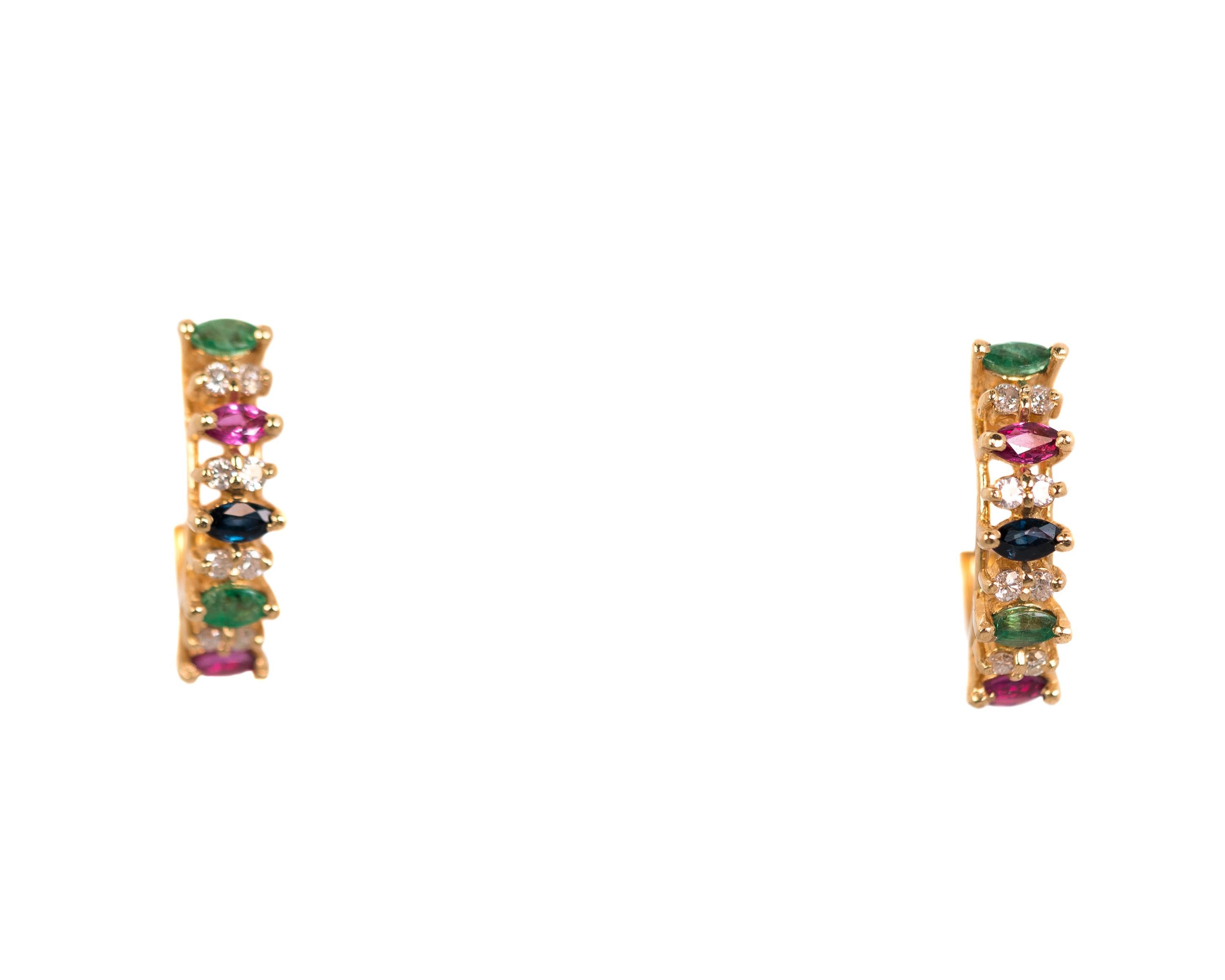 Diamond, Emerald, Ruby and Sapphire 14 Karat Yellow Gold Hoop Earrings, 1970s In Good Condition For Sale In Atlanta, GA