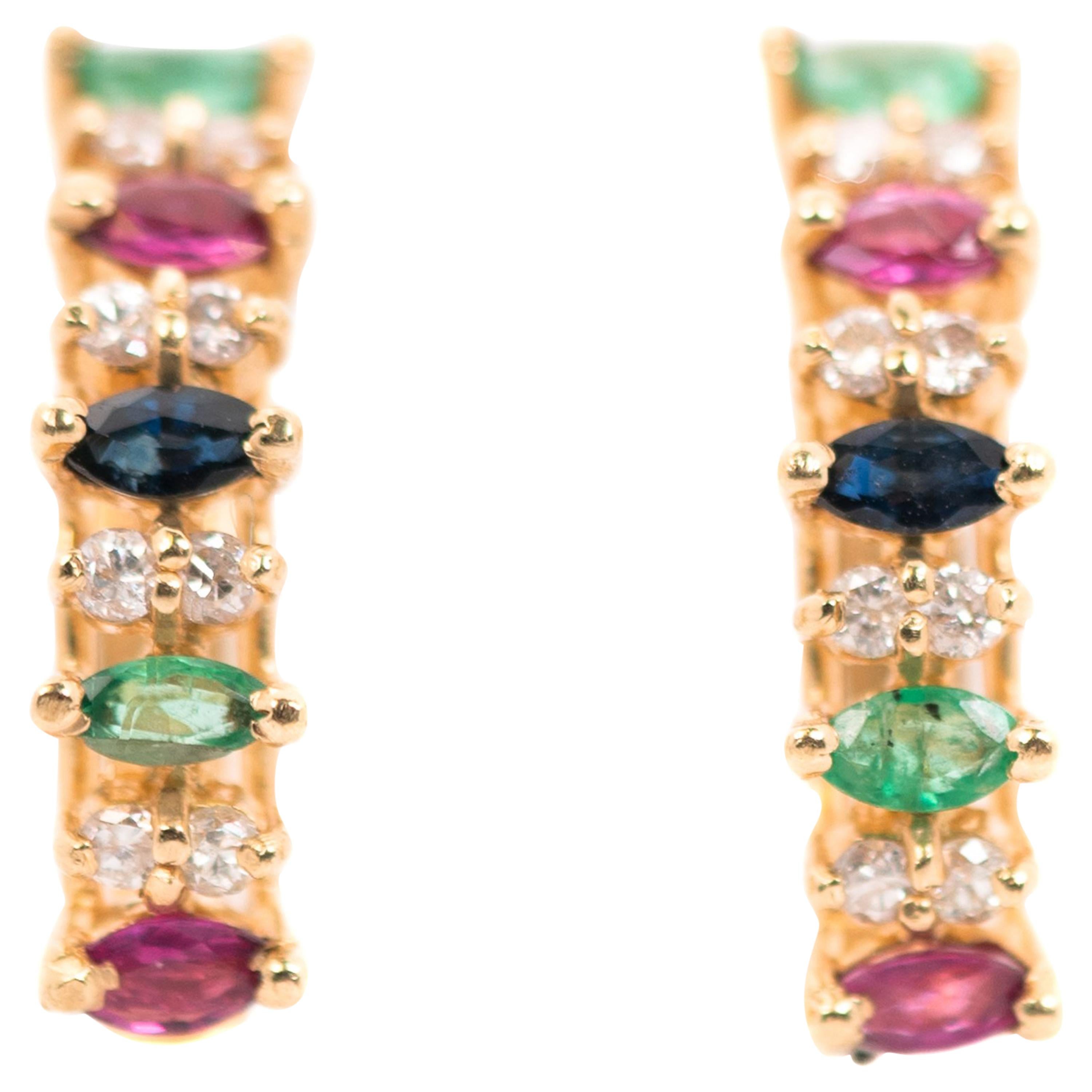 Diamond, Emerald, Ruby and Sapphire 14 Karat Yellow Gold Hoop Earrings, 1970s For Sale