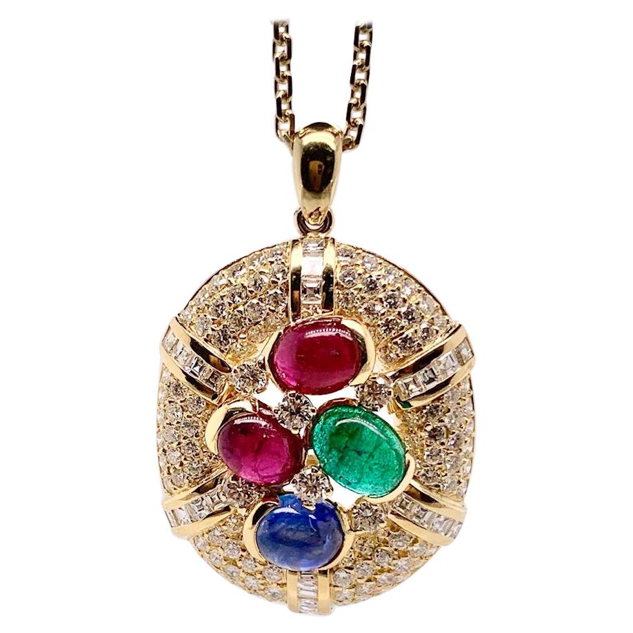 new 14K Solid Yellow Gold 3 strand Natural Ruby Emerald Sapphire Pendant 