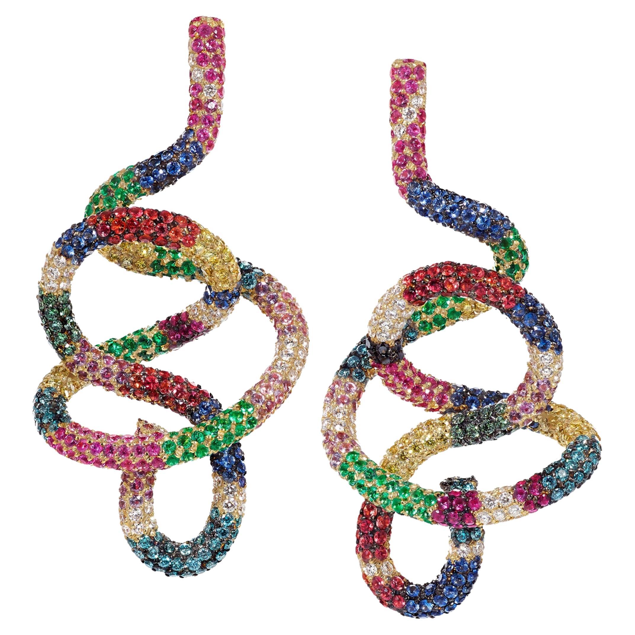 Rosior one-off Diamond, Emerald, Ruby and Sapphire Drop Earrings in Yellow Gold