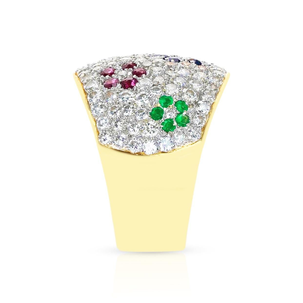Round Cut Diamond, Emerald, Ruby and Sapphire Floral Design Cocktail Ring, 18k