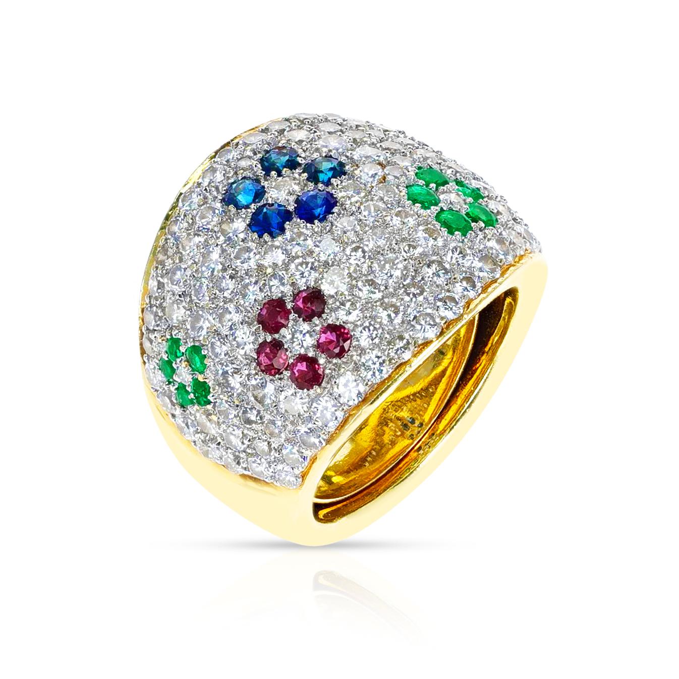 Diamond, Emerald, Ruby and Sapphire Floral Design Cocktail Ring, 18k In Excellent Condition In New York, NY