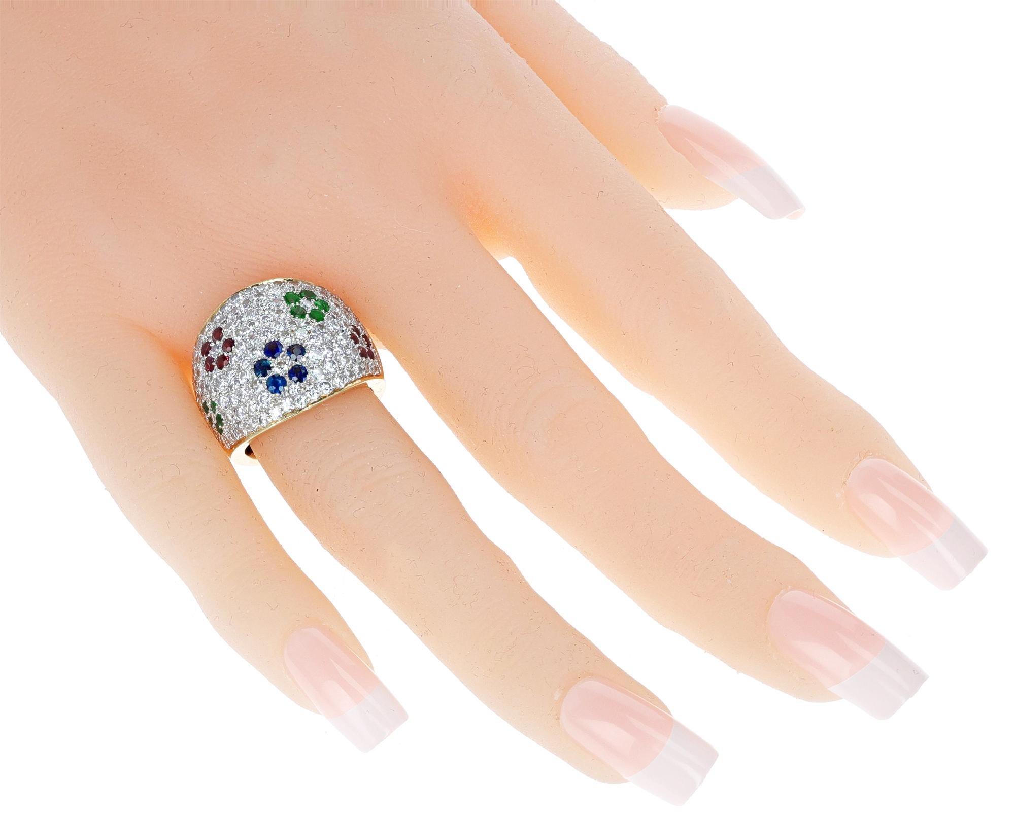 Women's or Men's Diamond, Emerald, Ruby and Sapphire Floral Design Cocktail Ring, 18k