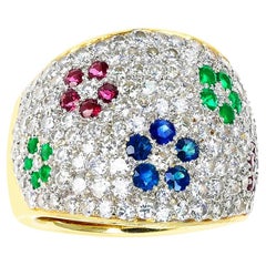 Diamond, Emerald, Ruby and Sapphire Floral Design Cocktail Ring, 18k
