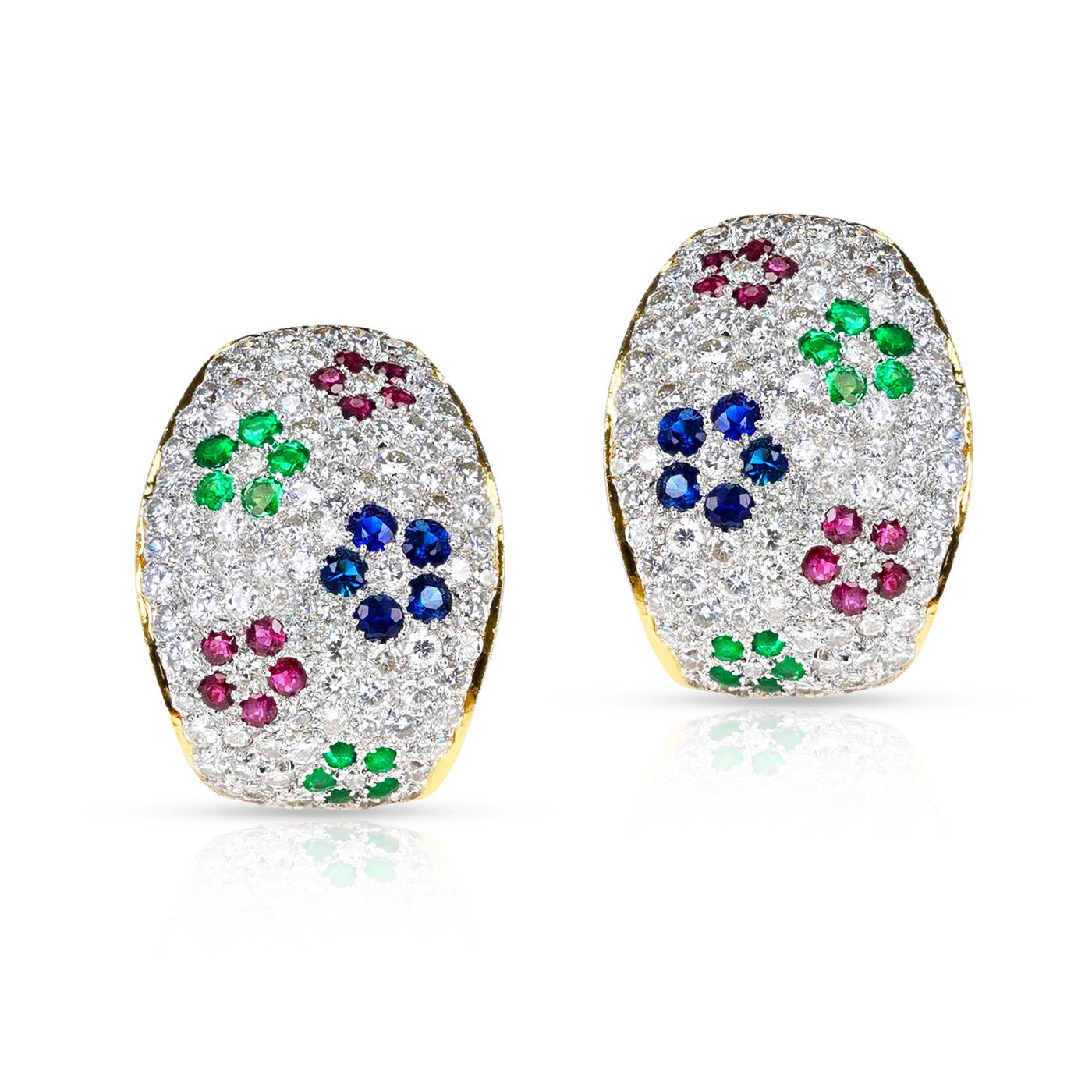 Round Cut Diamond, Emerald, Ruby and Sapphire Floral Design Earrings, 18k